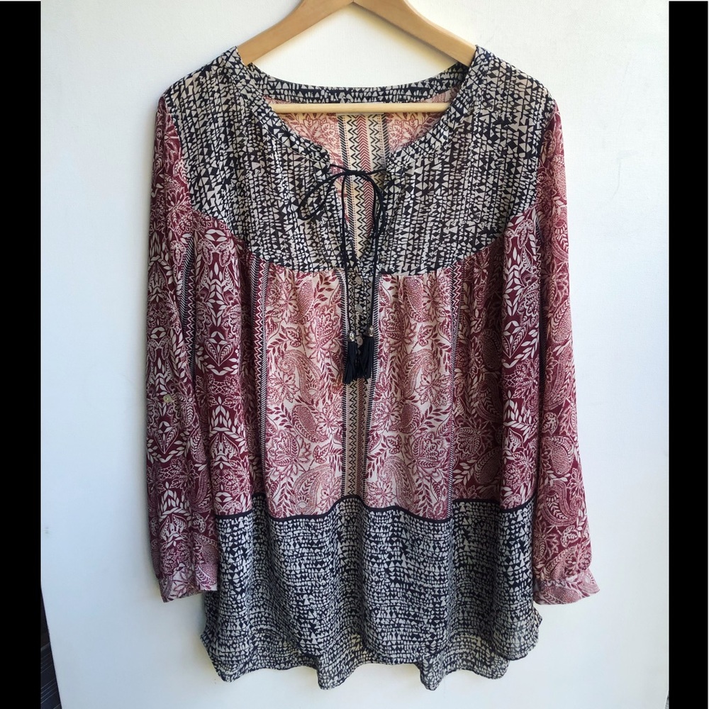 DR2 Daniel Rainn Top Blouse Boho Peasant Relaxed Fit Long Sleeves